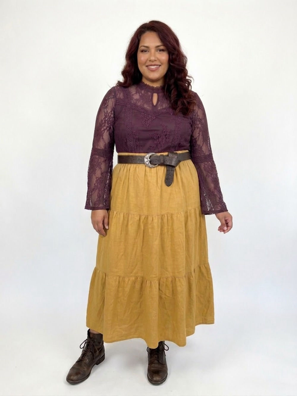 Mustard Yellow Linen Blend Tiered Maxi Skirt -3x